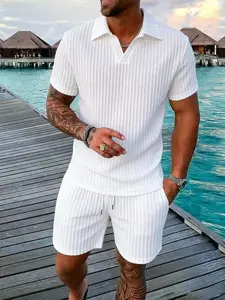 Men's Two-Piece Polo Short Sleeve V-Neck & Shorts Set, Casual Summer, Tropical Beach Vacation Wear, Men's Clothing