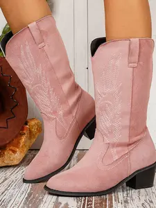 Women's Embroidered Mid-Calf Boots, New Thick Heel Vintage Western Cowboy Boots, Suitable for Spring & Fall Fashion Footwear, Pointed Toe Boots