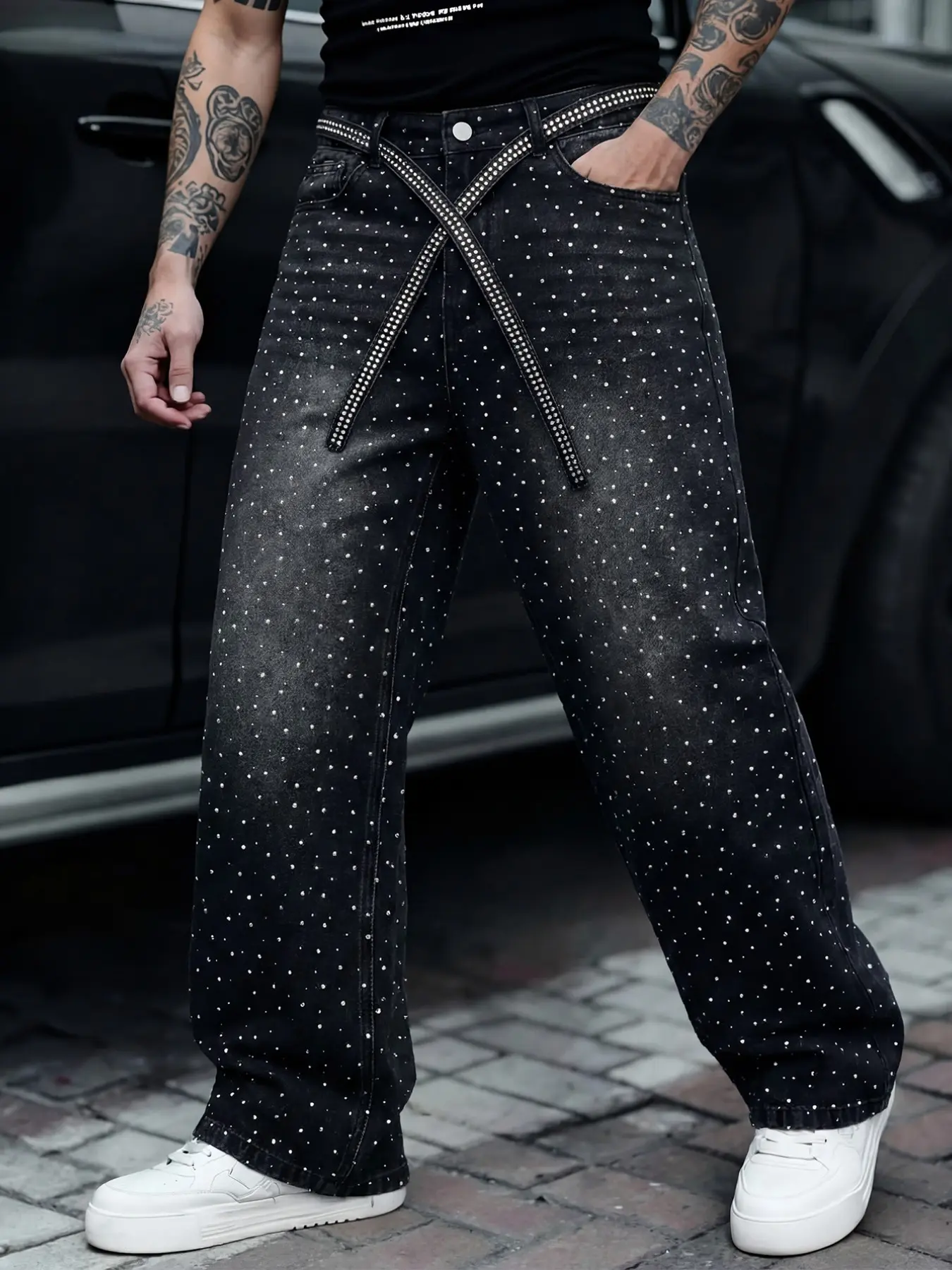 パンツ wide baggy rhinestones slacks rhinestone pants - TikTok Shop