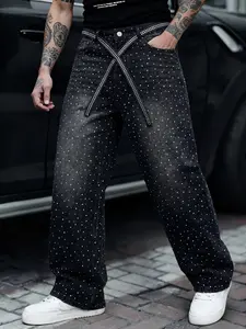 Four Seasons Men's Shining Crystal Non-Elastic Black Natural Waist Loose Wide-Leg Jeans, Nightclub Party Starry High-Street Fashion Pants with Full Embellishment Bling Effect, Loose Drape Belt Design for Stage-Focus Outfit 🔥 Menswear
