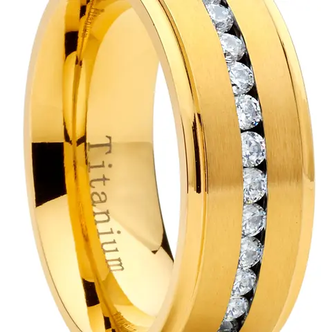 Men's 1.5 Ct Titanium Goldtone 8MM Eternity Band - Artificial Zircon Ring with Cubic Zirconia Designs, Adults' Jewelry Accessory, Gifts for Him (Birthday for Boyfriend, Anniversary)