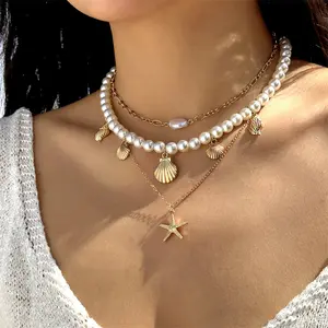 New pearl starfish shell conch necklace set, multi-layered beach vacation style jewelry for women