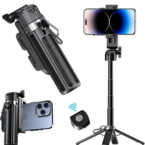 USfoture 5-in-1 Compact Adjustable Telescoping Mini Selfie Stick (20.5in) - Bluetooth Rechargeable Wireless Remote, Mini Tripod, Magnetic Smartphone Camera Grip, Handheld Stabilizer, Vlogging Phone Accessories for iPhones, Mobile Phones