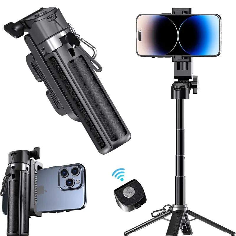 USfoture 5-in-1 Compact Adjustable Telescoping Mini Selfie Stick (20.5in) - Bluetooth Rechargeable Wireless Remote, Mini Tripod, Magnetic Smartphone Camera Grip, Handheld Stabilizer, Vlogging Phone Accessories for iPhones, Mobile Phones