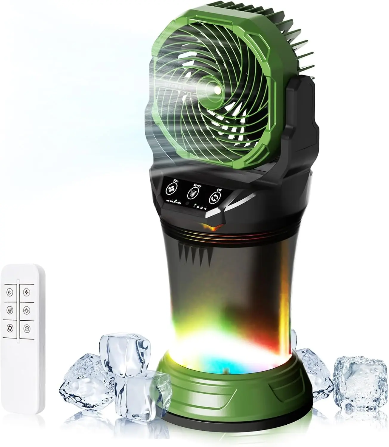 Portable Misting Fan with Remote & 30000Mah Rechargeable (Green) | Misting Fans for outside Patios Camping Beach & Workshops 2L Built-In Water Tank RGB 4 Speeds & Spray Daonlc