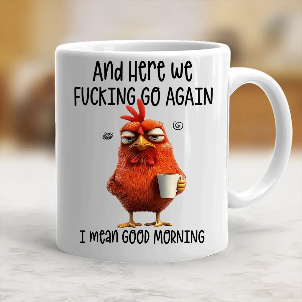 Stylish Printed Ceramic Coffee Mug - "Here We F*cking Go Again I Mean Good Morning" Funny Cup for Beverage, Drink Use - scs10040