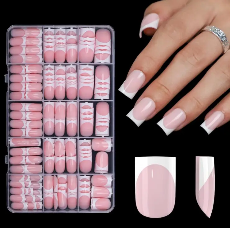 300Pcs Sharp Square French Tip Press On Nails-Anyos Gel Nail Tips Short,No File Need Tips Pre-Designed,Fake Nails for Nail Art DIY 15Sizes(Pink)