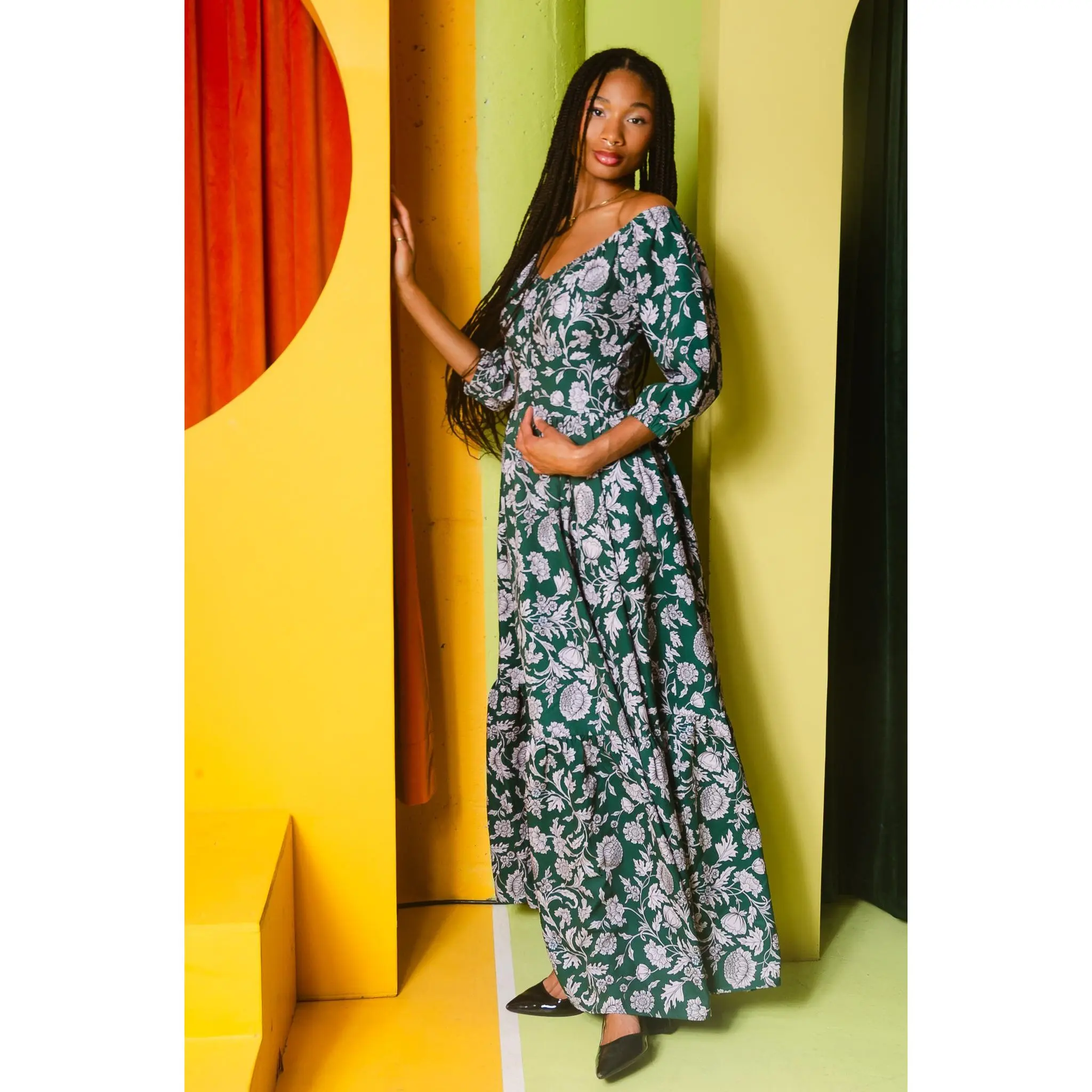 Molly 70s Floral Vintage Maxi Gown in Capri Floral Green