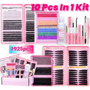 RITALASH 1925PCS Lash Extension Kit DIY Cluster Lashes Gift Large Packs 4 Trays Lash Clusters Eyelash Extensions Soft Comfortable with Eyelash Glue Tweezers Lash Bond and Seal Remover Brush Shampoo&Brush Eyelashes Extension Kit