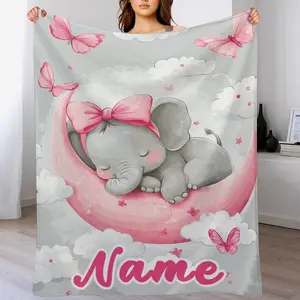 Custom Name Cute Little Elephant On The Moon Blanket, Soft Flannel Throw For Sofa, Bed, Travel, Camping, Livingroom, Office, Couch & Chair | Perfect Gift For Family, Kids & Friends | Send Your Custom Text Via Shop Chat To Personalize