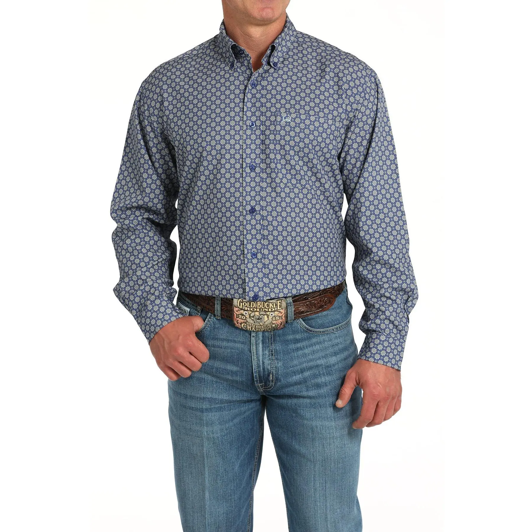 CINCH Men's Fitted Collared Neck Long Sleeve ArenaFlex Bold Medallion Pattern Shirt - High-Performance Blend Breathable Fabric, Western Modern Cowboy Top, Work Casual Menswear, Superior Flexibility, Chest Pocket, Print MTW1724001, Classic, Lightweight