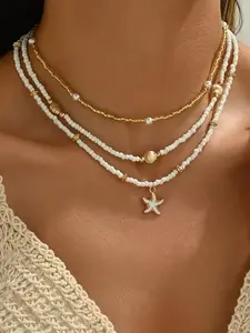 Boho Style Starfish & Shell & Faux Pearl Decor Necklace, Beaded Necklace, Fashion Jewelry for Party, Daily Clothing Decor, Trendy All-match & Exquisite Jewelry for Birthday Gift, Necklace Set