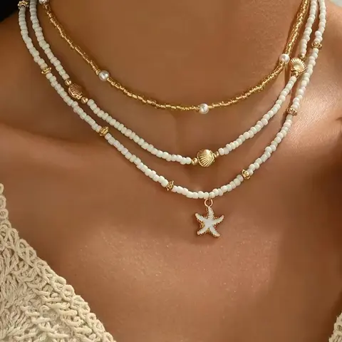 Boho Style Starfish & Shell & Faux Pearl Decor Necklace, Beach Boho Necklace, Beaded Necklace, Beachy Jewelry, Fashion Jewelry for Party, Daily Clothing Decor, Trendy All-match & Exquisite Jewelry for Birthday Gift, Necklace Set