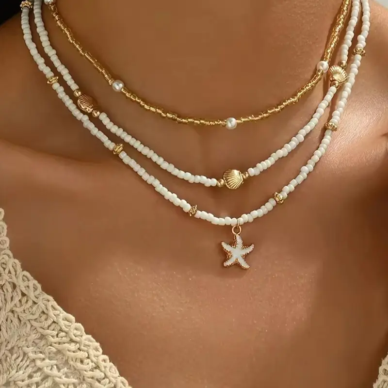 Boho Style Starfish & Shell & Faux Pearl Decor Necklace, Beach Boho Necklace, Beaded Necklace, Beachy Jewelry, Fashion Jewelry for Party, Daily Clothing Decor, Trendy All-match & Exquisite Jewelry for Birthday Gift, Necklace Set