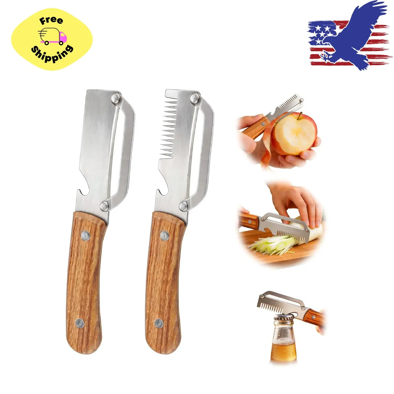 Vegetable Peeler, 3 in 1 Julienne Peeler with Wooden Handle (2 Pack)