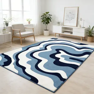 Ins wave pattern gradient living room floor mat, blue and white contrasting anti slip absorbent foot mat, study area decorative mat, Durable Decorative Mat, suitable for minimalist or modern living room, thick, soft and easy to clean, Modern Rug