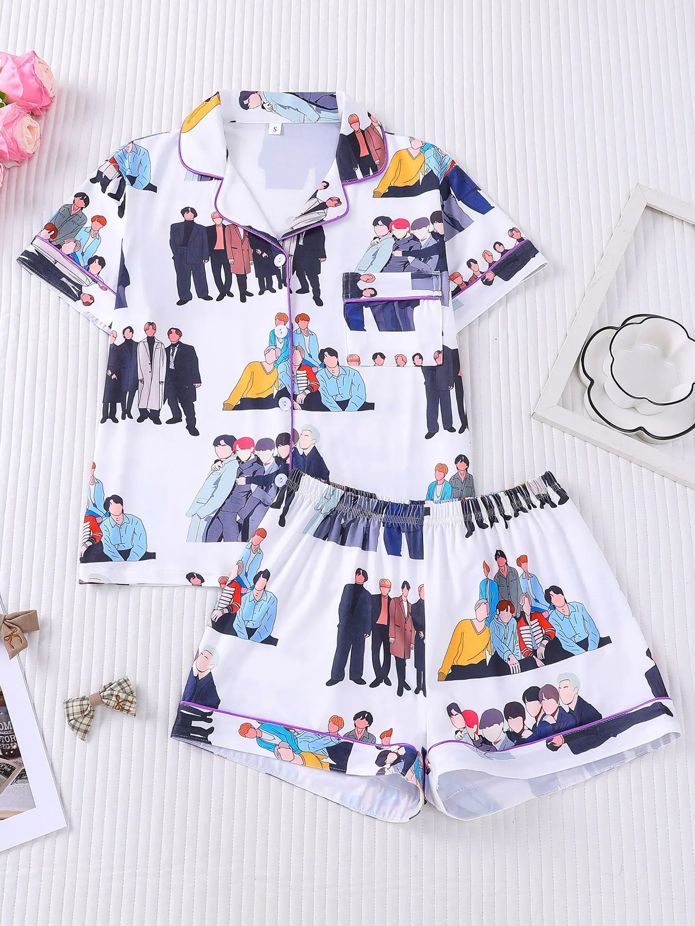 2 Piece Women's Kpop Group Cartoon Allover Print Short Sleeve Pajama Set, Matching Pajamas Set, Summer Lapel Button Down Loungewear, Breathable Soft Knit Sleepwear for Women