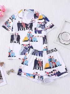 2 Piece Women's Kpop Group Cartoon Allover Print Short Sleeve Pajama Set, Summer Lapel Button Down Comfortable Loungewear, Breathable Soft Sleepwear for Women, Kpop Idol Printed Viral PJs, Wearable Lazy Style Homewear Two Piece Set