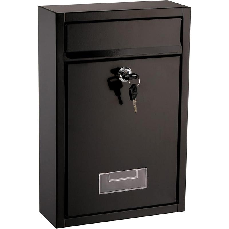 Wall Mount Mailbox, Steel Cover Metal Drop Box, Mail Box with Key Lock, Dropbox with Slot for Envelope, Home, Outside, Office Business, Decor, 12.6" H x 8.5" L x 3.3" W, Black