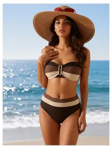 Bikini Set for Women Color Block High Waisted - Two Piece Swimsuit with Buckle, Adjustable Straps, Removable Padded Bra, Summer Beach Pool Bathing Suit