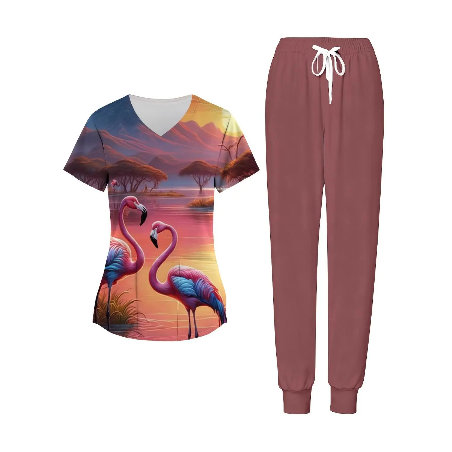 Elegant Women's 2-Piece Set: V-Neck Short Sleeve Top with Pockets, Flamingo Sunset Landscape Print - Perfect for Work, Leisure, Spring & Summer Holidays