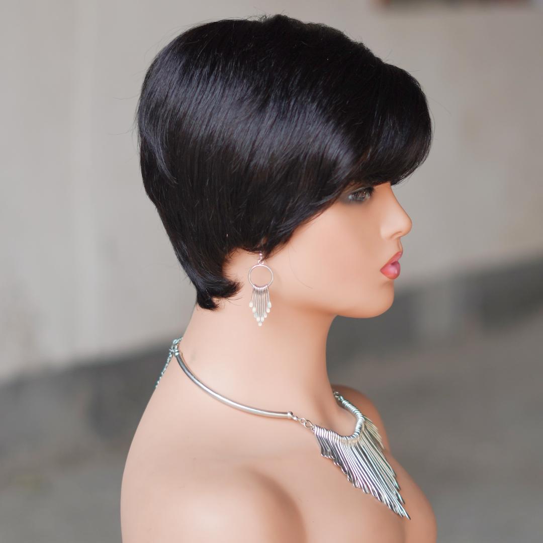Short Pixie Cut Wig With Bangs, Glueless 180% Density Brazilian Virgin Human Hair, 6 Inch 1B Natural Black Mixed Blonde, Machine Made Wig Caps For Daily & New Year Wear