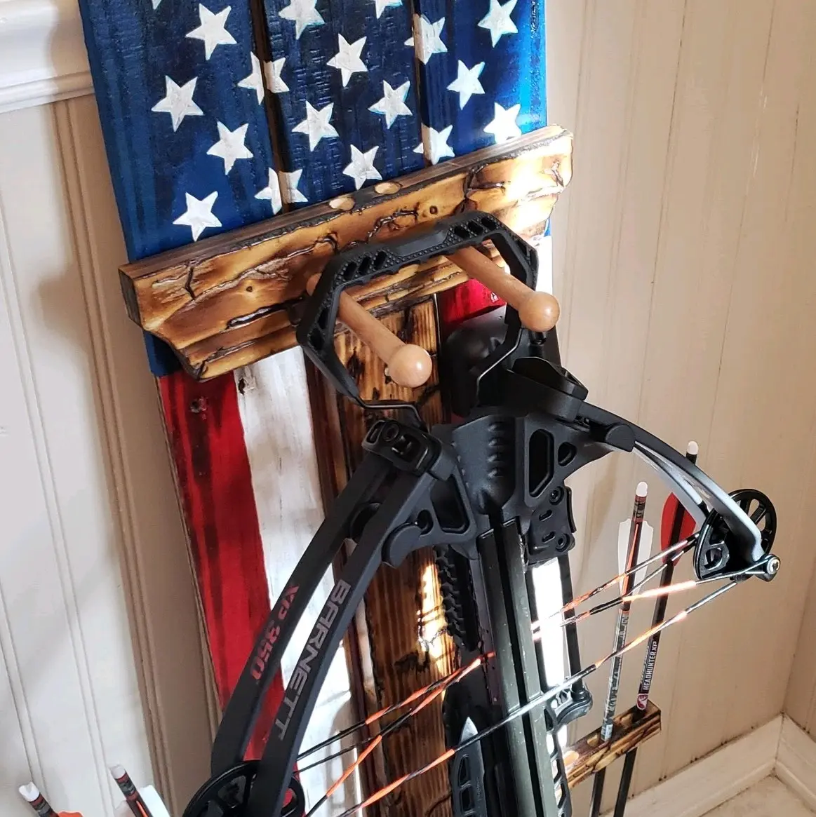4ft Wall Hung American Flag Lichtenberg/ Fractal Burned Crossbow Hanger- with Arrow Display