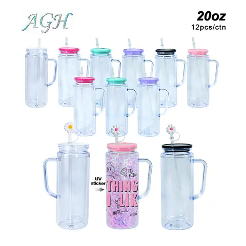 AGH [New Arrive] 12pcs 20 oz Snow Globe Handle Tumbler Mixed Color Double Wall Plastic Handle Cups with Straw Topper for DIY Glitter Gift Water Bottle
