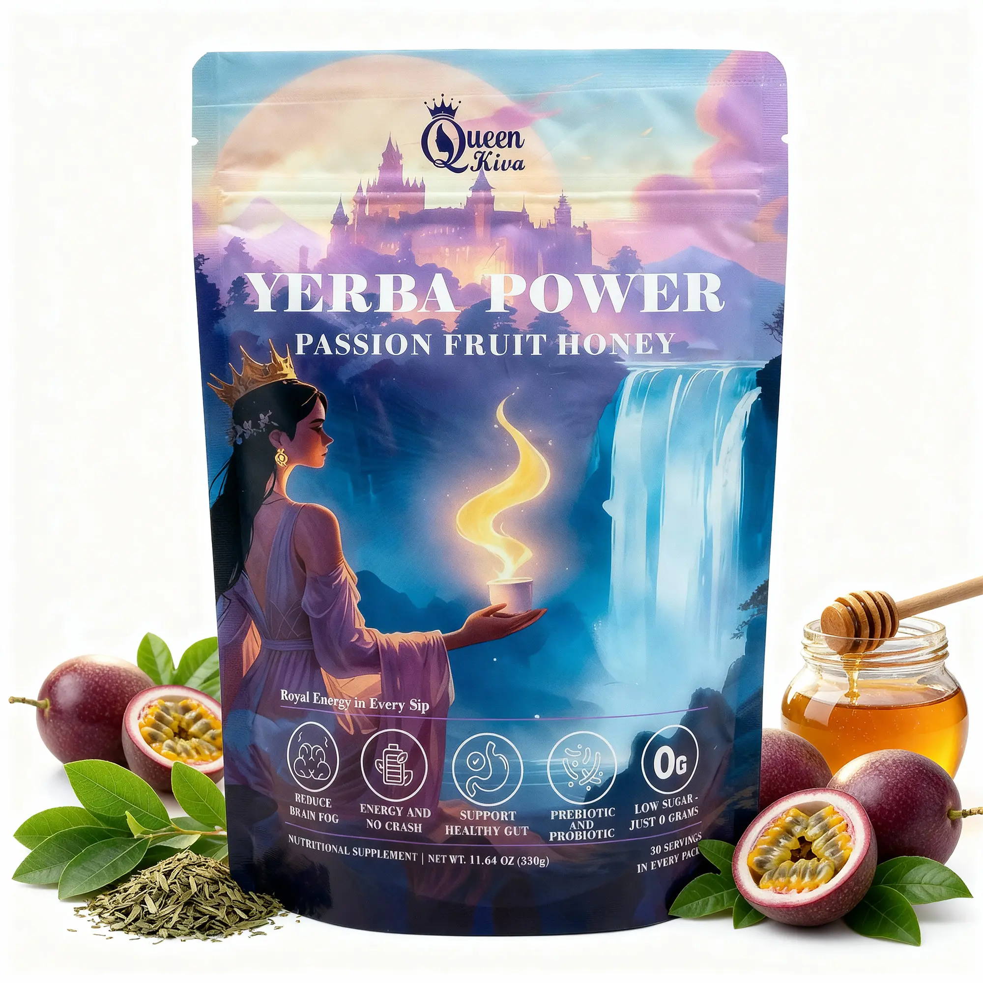 Queen Kiva Yerba Mate & Green Tea Energy Drink Powder – Passion Fruit Honey Flavor – Natural Caffeine Focus & Mood Support – No Crash – 30 Servings