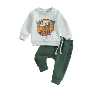 Toddler Baby Boys Fall Outfits Pumpkin Print Crew Neck Long Sleeve Sweatshirts + Long Pants 2Pcs Halloween Clothes Set