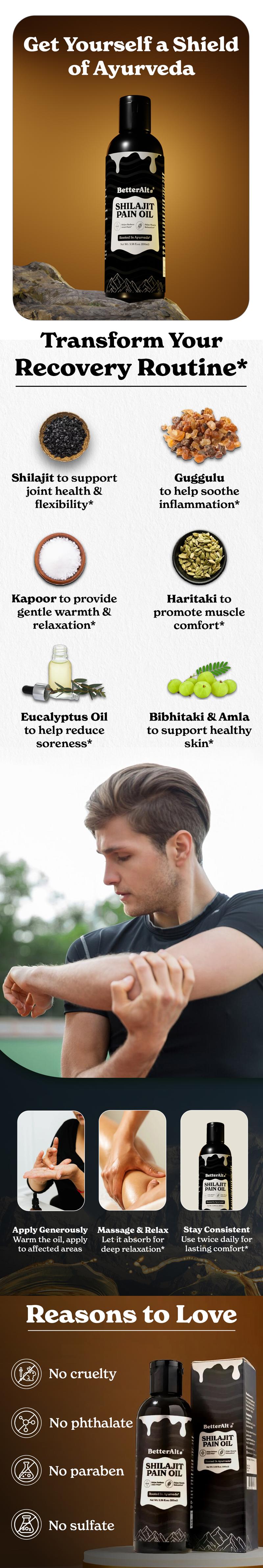 BetterAlt Shilajit Pain Oil | Haritaki, Amla, & Nirgundi | 12 Ayurvedic Herbs | 3 Herbal Oils | Helps Promote Muscle Relaxation | 100 ml