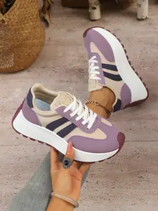 Women's Thick Sole Sport Shoes, Breathable Lightweight Sneakers, Spring & Fall Casual Patchwork Design, Comfortable Anti-Slip Textile Upper, All-Season Medium Width, Thick Soled Sneakers