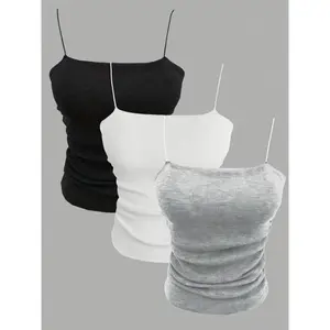 3pcs Women's Casual Spaghetti Strap Camisoles, Solid Color Polyester Knit Fabric with 5% Elastane, All-Season Slingback Tank Tops Collar Womenswear Comfort Sleeveless Short Skinny Slim(Sheets)