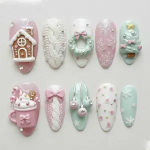 3D Gingerbread House Press On Nails: Handmade Pastel Christmas Nail Art, Cute Holiday Reusable Nail Set, Winter Nail Gift