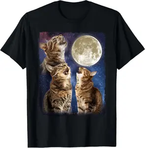 100% cotton Three Cats Howling Moon Funny Meme Kitten Cat Howling At Moon T-Shirt casual Fashion graphic tees for women