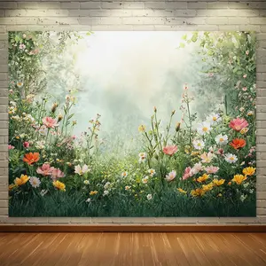 Spring Garden Background Banner, Versatile Polyester Floral & Grassland Scene, Ideal for Easter, Celebrations, Birthday Parties