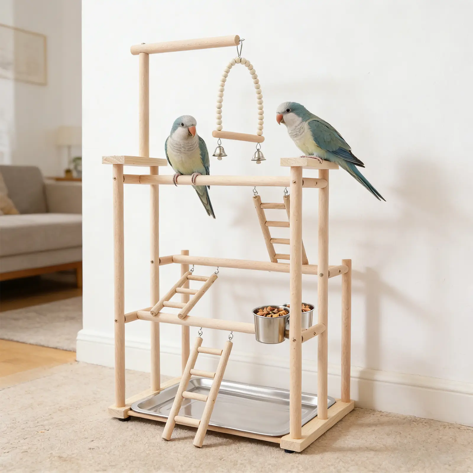 3-Tier Wooden Parrot Play Stand with Perches, Ladder, Bell Swing & Removable Tray, Large Activity Center Bird Rack for Small to Medium Birds, Natural Beech Wood Tabletop Bird Gym for Parrots, Canaries, Finches, Easy to Assemble & Clean