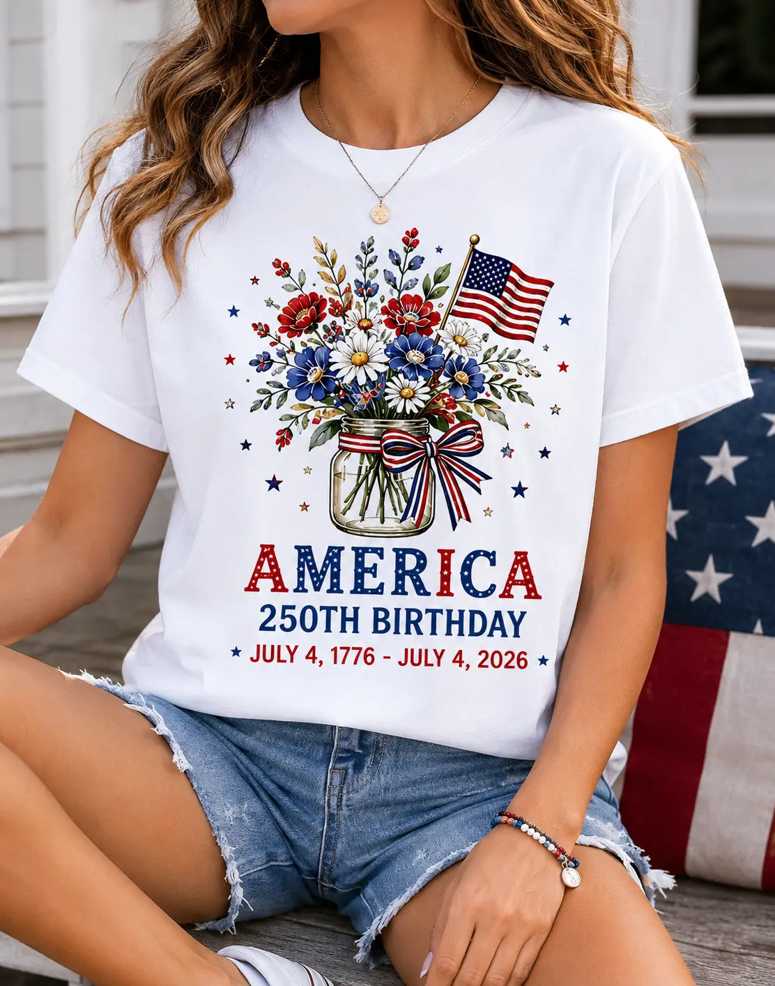 Women's Graphic Tee, Soft Patriotic Short-Sleeve with Floral Jar Design, Everyday Casual Streetwear for July 4th, Piece, Tshirt