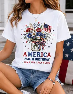 Womenswear Women's 250th America Birthday Floral Jar Short Sleeve T-Shirt, Patriotic Flag Graphic Tee, July 4th Casual Top Round Neck Style