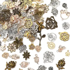 Flower Charms Bulk, 120 count Metal Flower Charms Alloy Assorted Antique Floral Charm Pendants for Bracelet Necklace  Making DIY Crafts