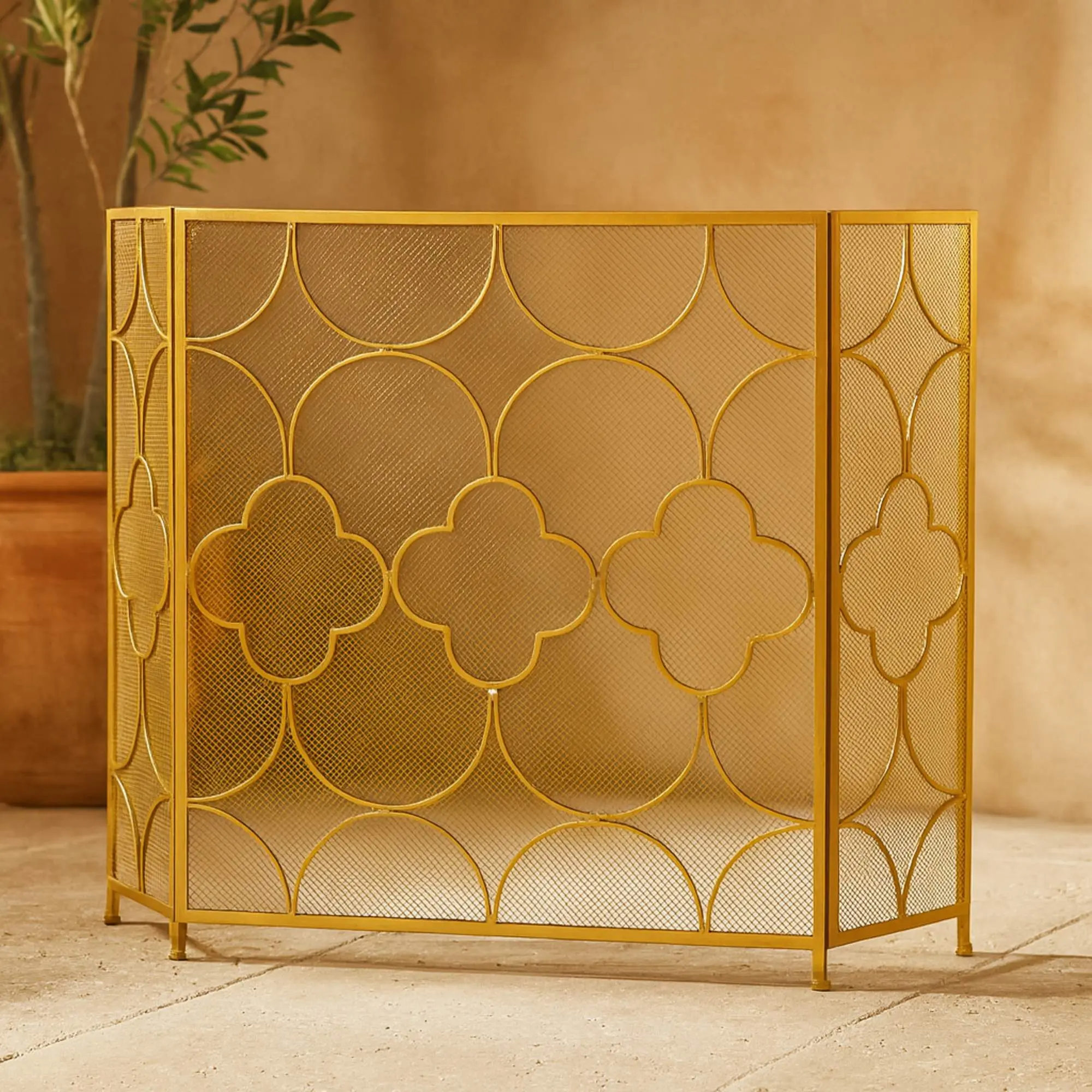 Iron Geometric Gold Metal 3-Panel Foldable Mesh Netting Living Room Fireplace Screen with Quatrefoil Design