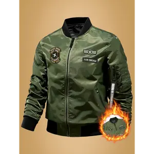 Men's MA-1 Flight Jacket – American Workwear Style Bomber with Embroidered Details, Stand Collar Baseball Coat   Menswear Casual Army Green