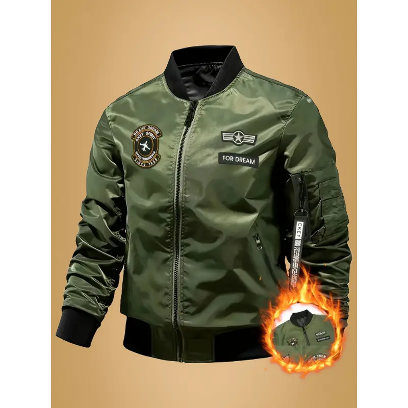 Men's Casual MA-1 Bomber Jacket, a Solid Polyester Workwear Coat with Stand Collar and Embroidery for Spring/Fall, Menswear, Bomber Jackets, Casual Comfy Jacket