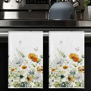 2pcs 23.6x15.7 In Cleaning Cloth Kitchen Towel Spring Green Floral Pattern Kitchen Towels Polyester Tea Towels Dishwashing Towels Birthday Gift Kitchen And Bathroom Decor Scouring Pads Machine Washable