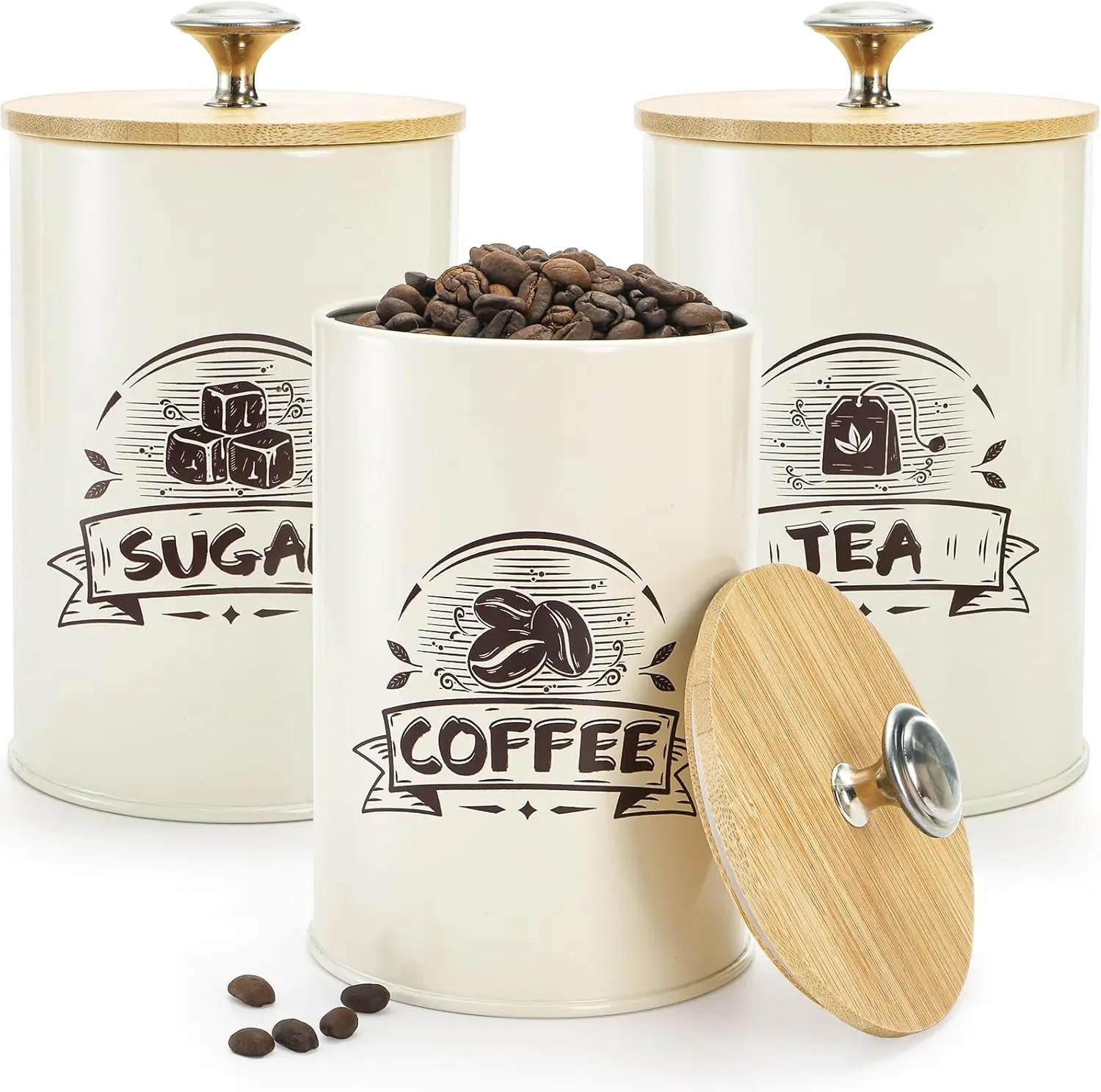 3 Pack Small Canisters for Kitchen, 26 Oz Metal Coffee Sugar Tea Canisters Set with Airtight Bamboo Lids, Mini Food Storage Containers Jars for Tea, Flour, Cookies, Spices, Countertop