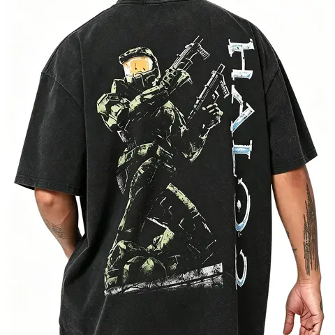 Men's Vintage Acid Wash Halo Master Chief Back Graphic Oversized Classic Crewneck Short-Sleeve T-Shirt - Menswear Casual Streetwear, Halo Gamer Fan Gift, Cotton Men's Shirts Graphic Tee (Classic Crewneck Adds Clean Structure), Tshirt, Shortsleeve