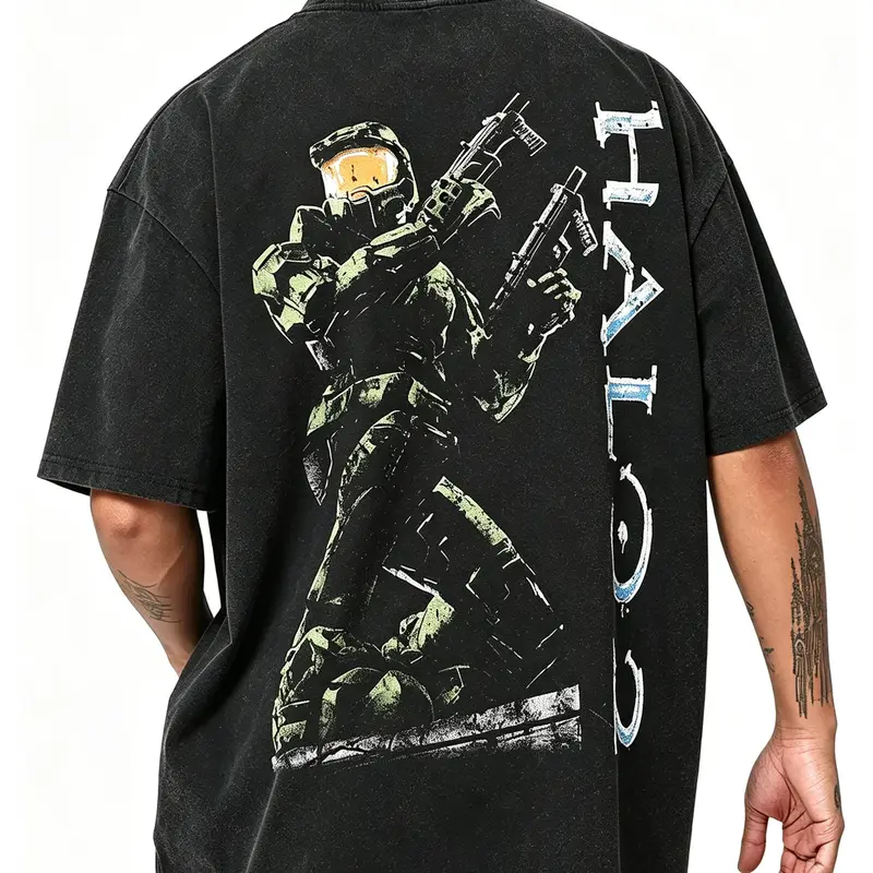 Men's Vintage Acid Wash Halo Master Chief Back Graphic Oversized Classic Crewneck Short-Sleeve T-Shirt - Menswear Casual Streetwear, Halo Gamer Fan Gift, Cotton Men's Shirts Graphic Tee (Classic Crewneck Adds Clean Structure), Tshirt, Shortsleeve