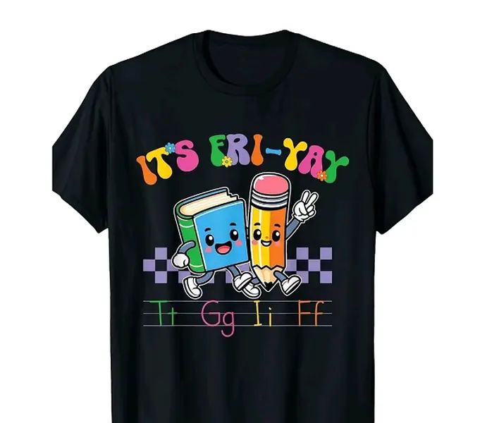 Humorous TGIF Teacher And Friyay Educator T‑Shirt with Cheerful Books And Pencils, Featuring a Vibrant Friday Design.A Unisex Gift for Teachers, Perfect for School Spirit, Casual Wear, And Stylish Outings