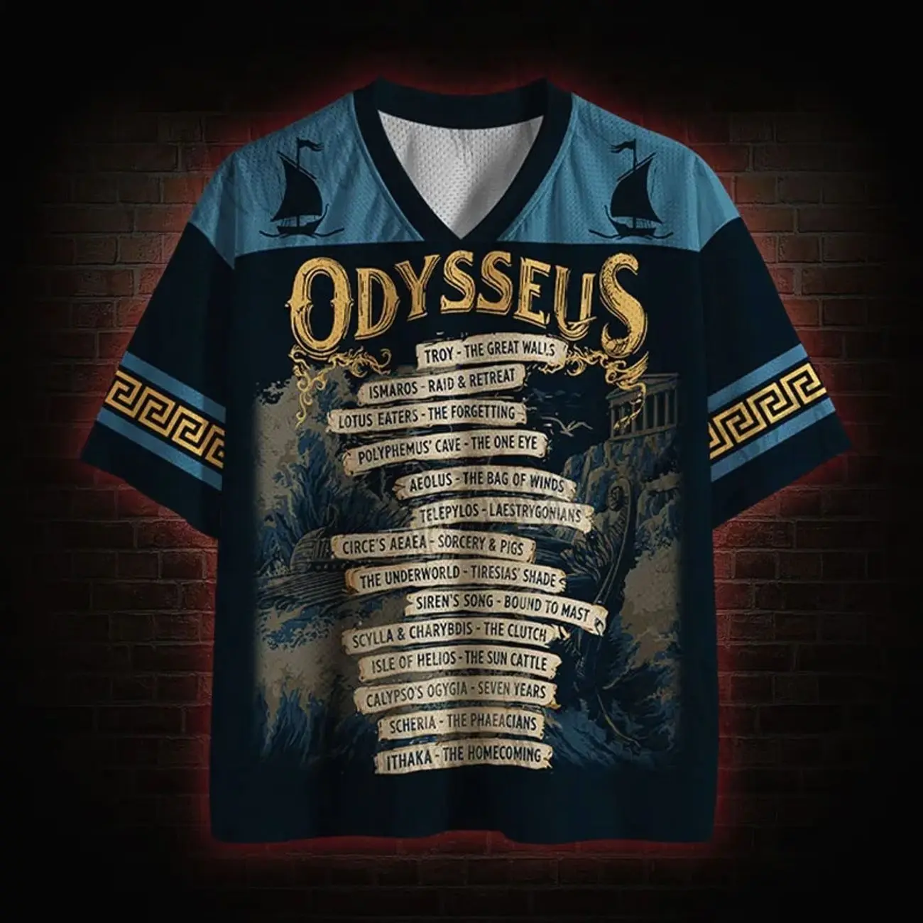 Odysseus Epic Journey Mesh Jersey → Odysseus Epic Journey Mesh Jersey, Greek Mythology Graphic Sports Jersey, Fantasy Baseball Style Mesh Shirt, Oversized Streetwear R67