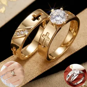 Two fashionable 14k gold-plated couple rings with gemstones, suitable for weddings and engagements for men and women, everyday wear, gifts, and parties